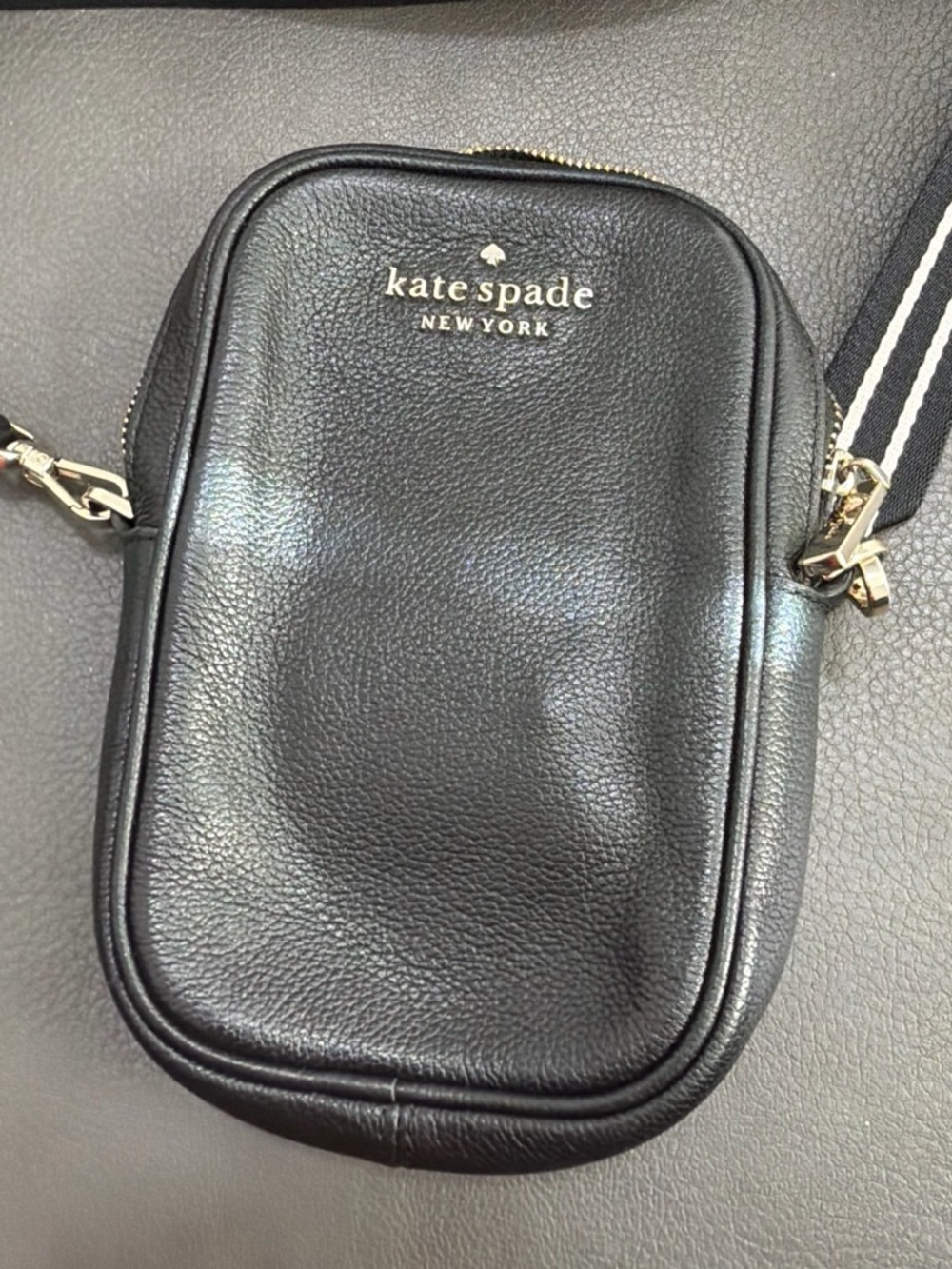 kate spade Black Pebbled Leather Mini Crossbody with Striped Strap